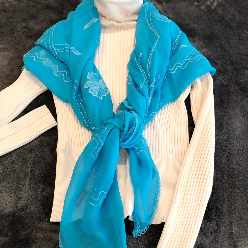 100% Silk Embroidery Blue Scarf Neck Wrap